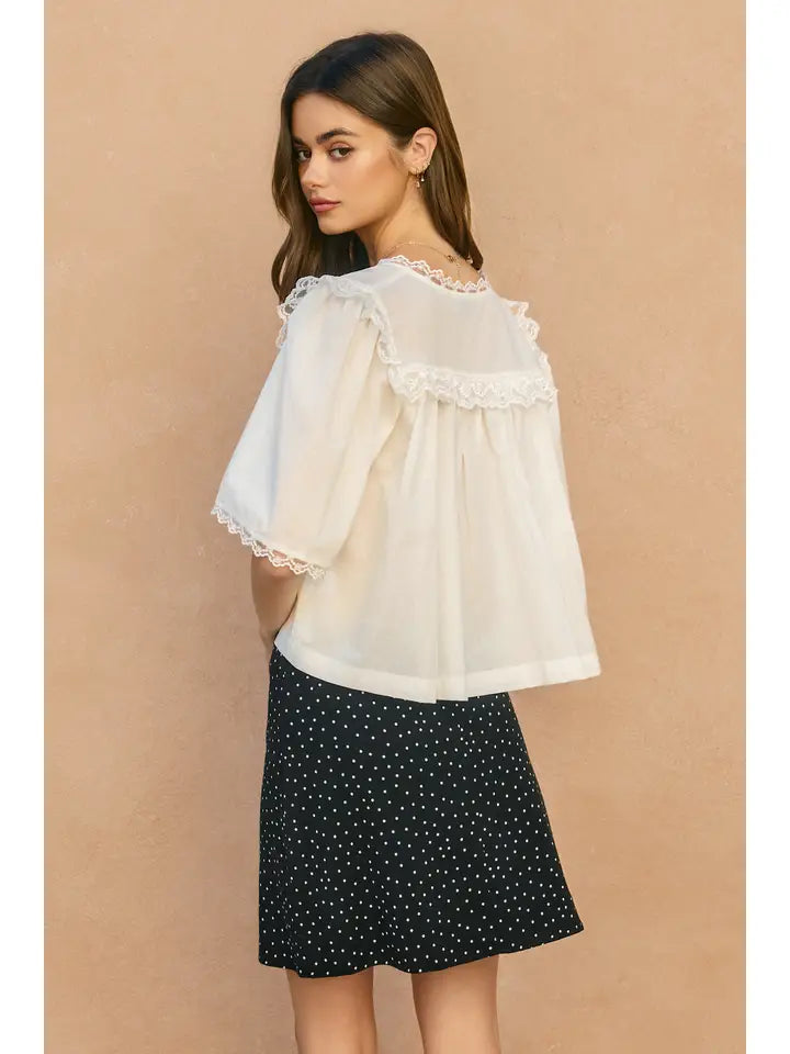 PURE THREAD LACE DETAIL SHIRRED BLOUSE