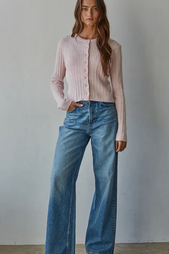 CABLE KNIT CARDIGAN - BALLET PINK
