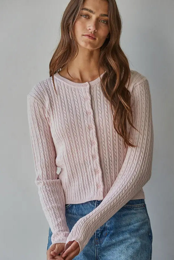 CABLE KNIT CARDIGAN - BALLET PINK