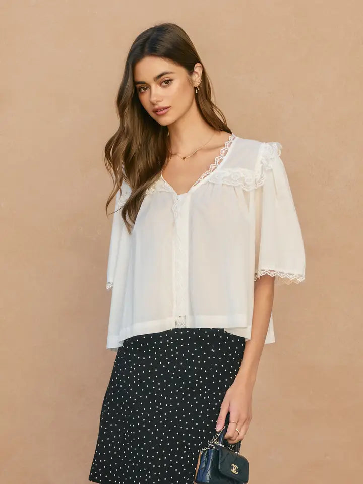 PURE THREAD LACE DETAIL SHIRRED BLOUSE