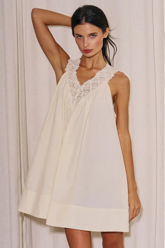 LADIES WOVEN SLEEVELESS LACE NECK MINI DRESS ECRU