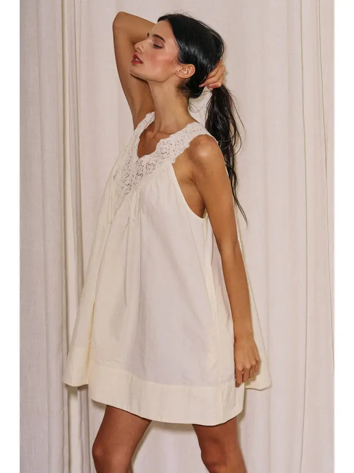 LADIES WOVEN SLEEVELESS LACE NECK MINI DRESS ECRU