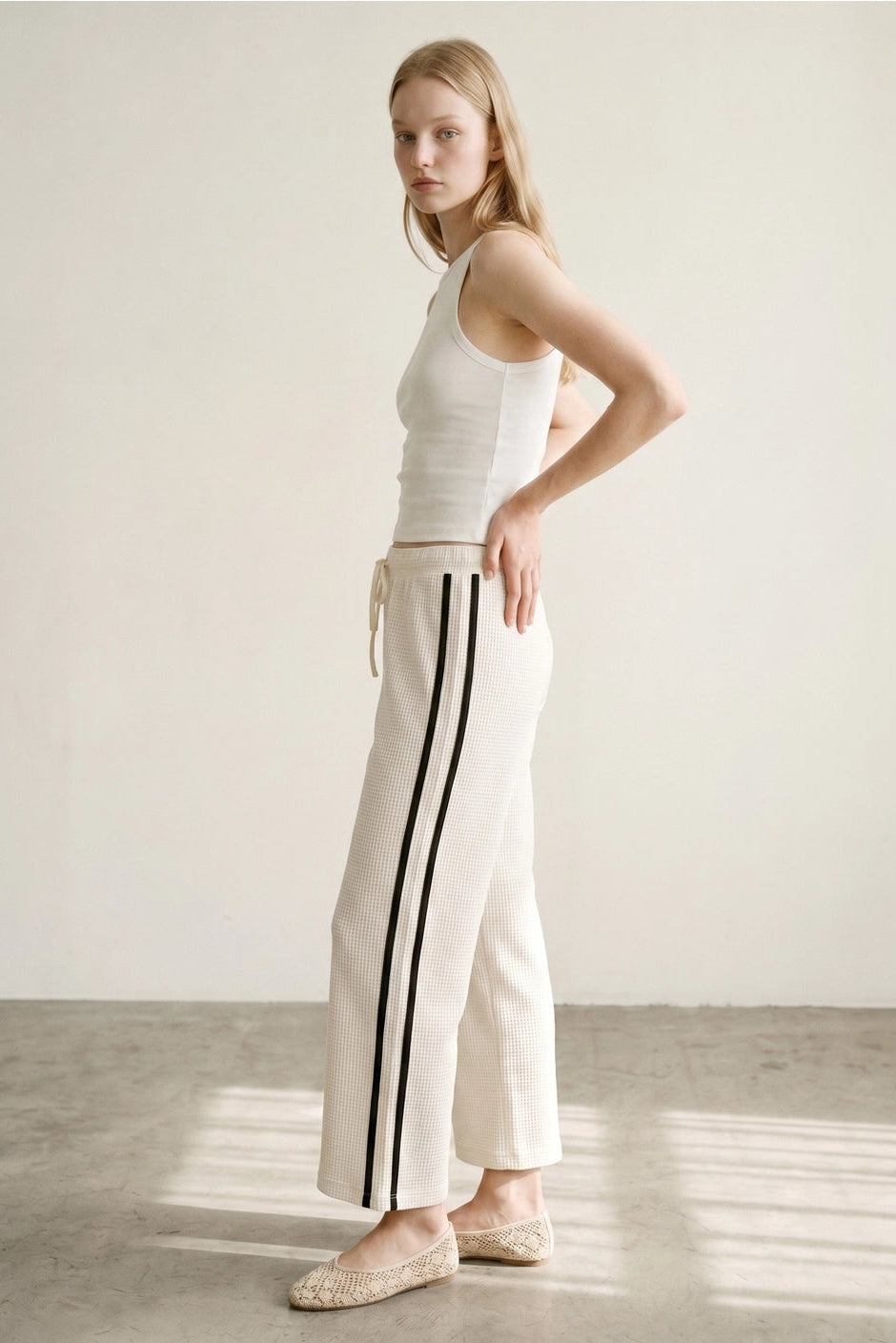 THERMAL CROP STRIPE PANTS IVORY