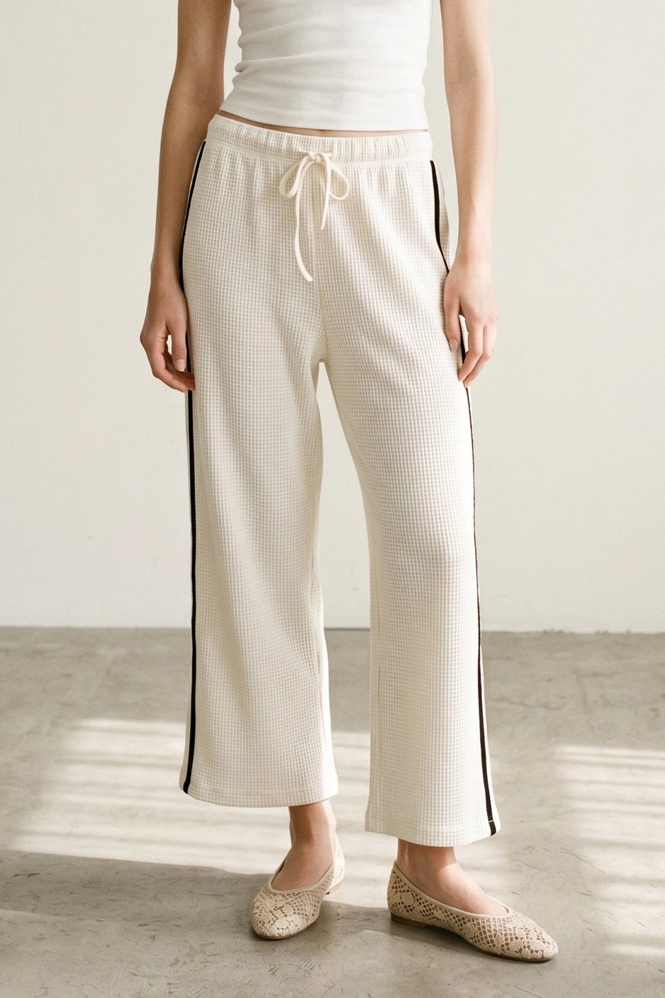 THERMAL CROP STRIPE PANTS IVORY