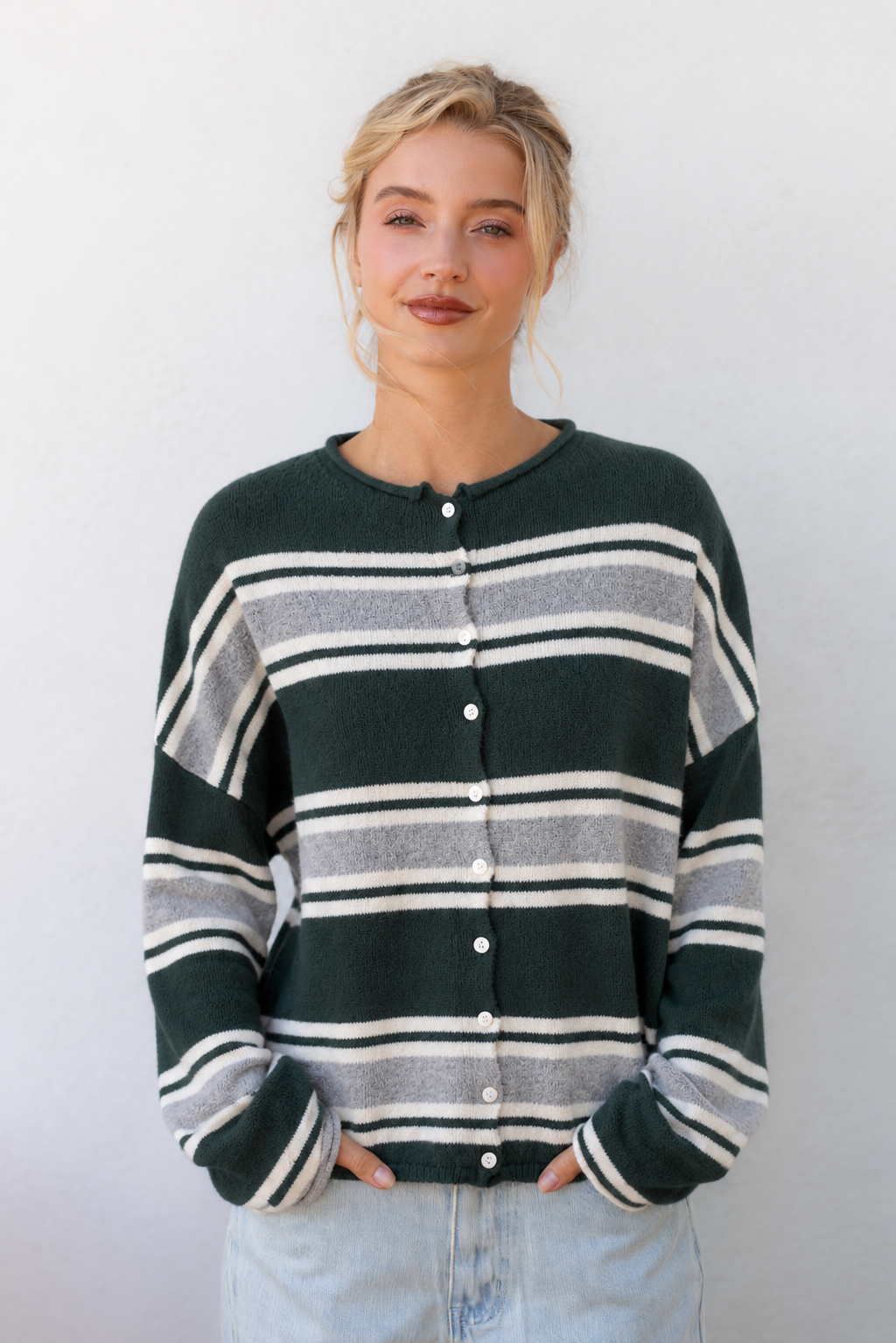 VARSITY STRIPED PIPER CARDIGAN - GREEN