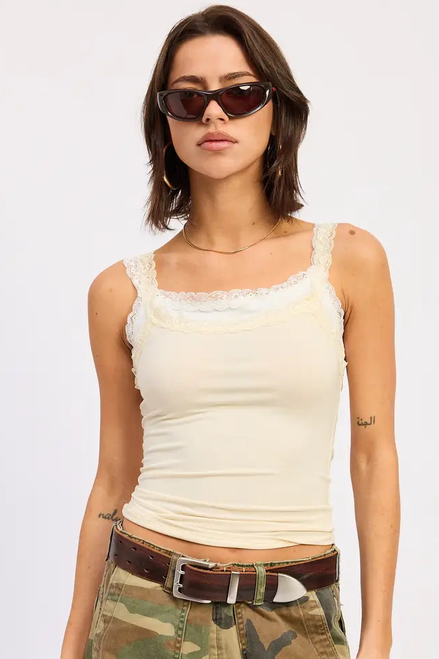LAYERED TANK TOP WITH LACE TRIM YELLOW WHITE
