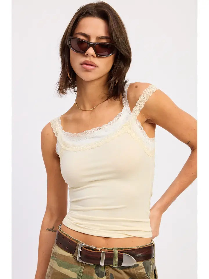 LAYERED TANK TOP WITH LACE TRIM YELLOW WHITE