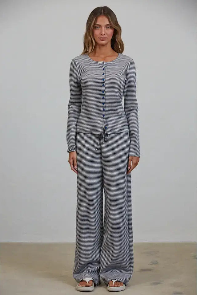 DUNE STRIPED BUTTON DOWN TOP AND PANTS LOUNGE SET BLACK/WHITE