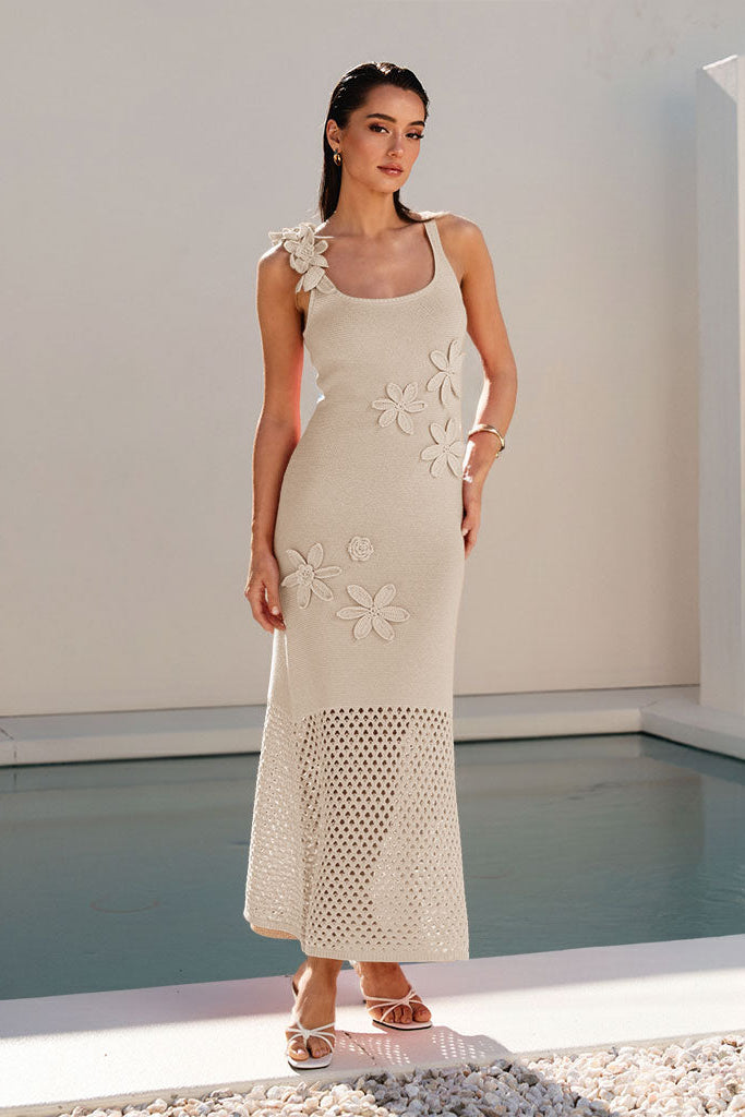 Floral Applique Knit Maxi Dress Natural Natural / L