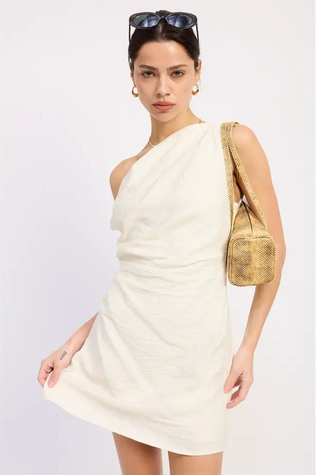 OFF SHOULDER WRAPPED MINI DRESS VANILLA