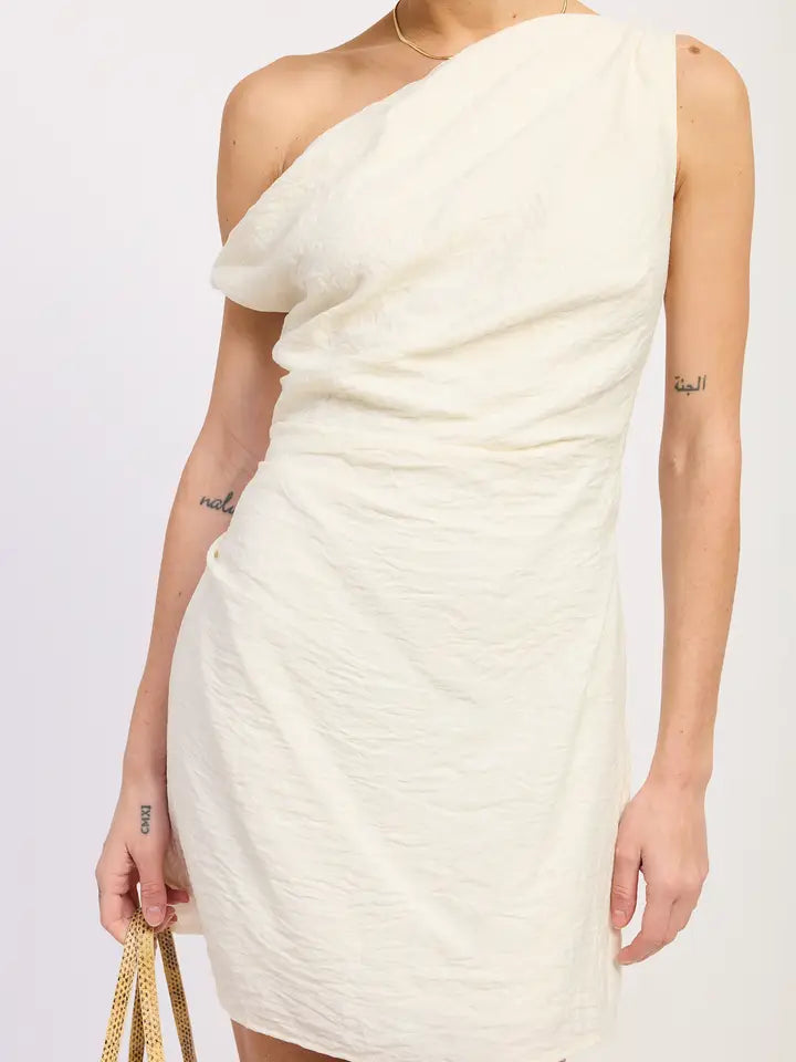 OFF SHOULDER WRAPPED MINI DRESS VANILLA