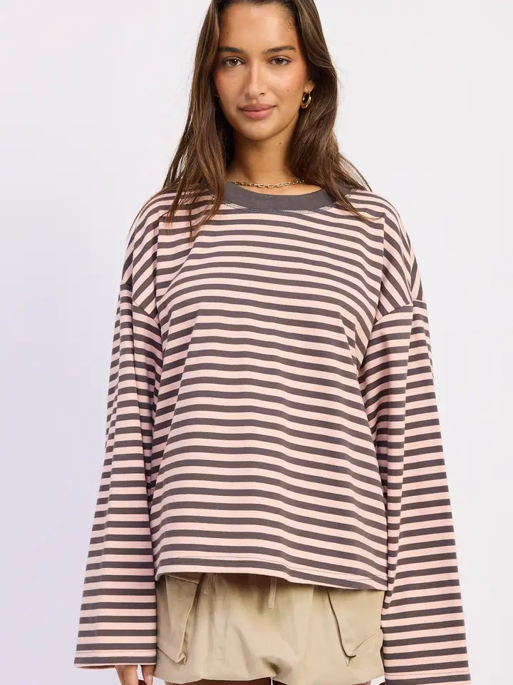 STRIPED LONG SLEEVE TOP PINK GRAY