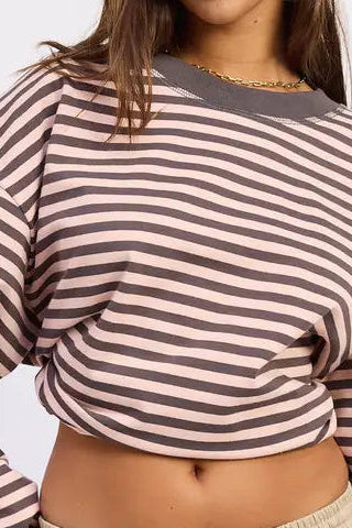 STRIPED LONG SLEEVE TOP PINK GRAY
