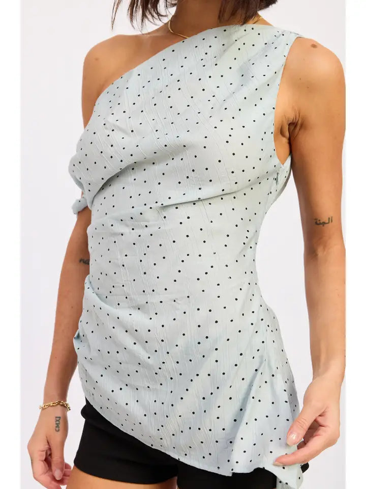 BABY BLUE POLKA DOT ASYMMETRICAL SHOULDER TUNIC TOP
