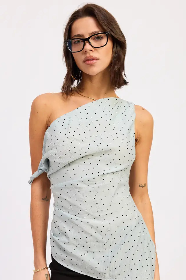 BABY BLUE POLKA DOT ASYMMETRICAL SHOULDER TUNIC TOP