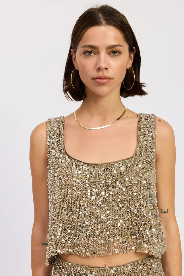 SLEEVELESS SQUARE NECK SEQUIN TOP CREAM BROWN