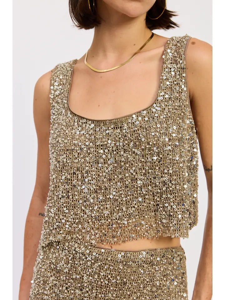 SLEEVELESS SQUARE NECK SEQUIN TOP CREAM BROWN