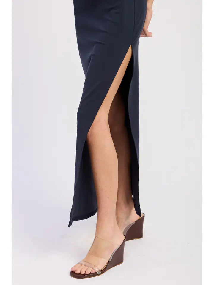 ASYMMETRICAL TWIST MAXI DRESS NAVY