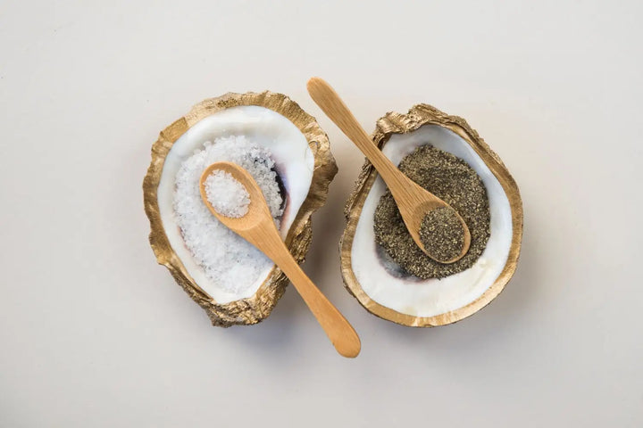 GILDED OYSTER SALT AND PEPPER CELLARS