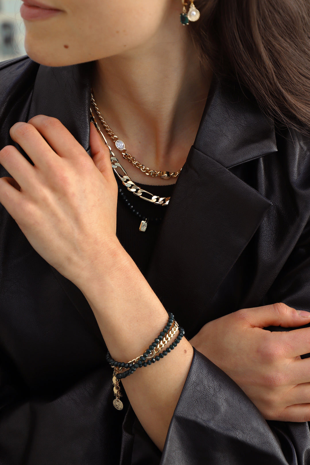 EVERGREEN DOUBLE WRAP AND LEAF BRACELET